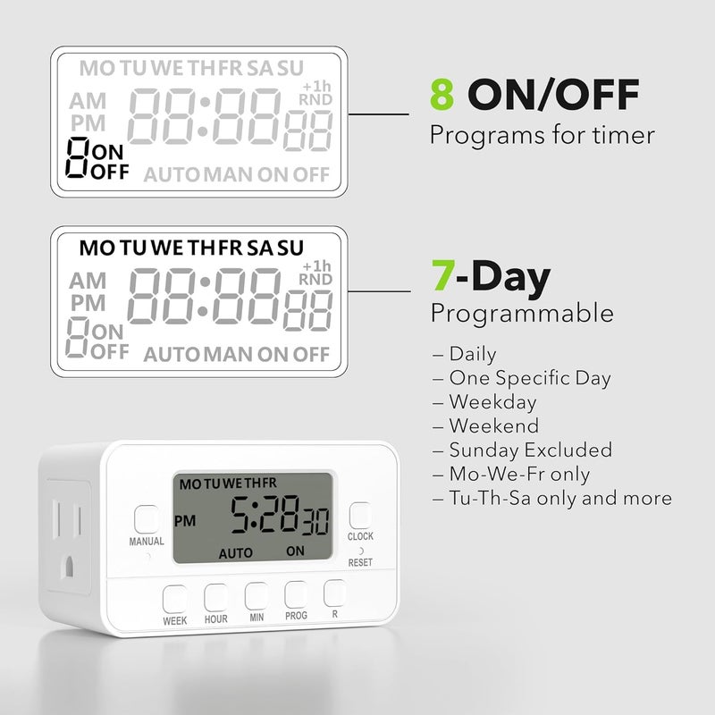 BN-LINK 7-Day Heavy Duty Digital Timer with Dual Outlet, LCD Display, 3-Prong Programmable Design, for Lights, Fans, Coffee Machine, Home, Kitchen, Office, Indoor Use, 125V 15A 1875W, 1 Pack - Image 3
